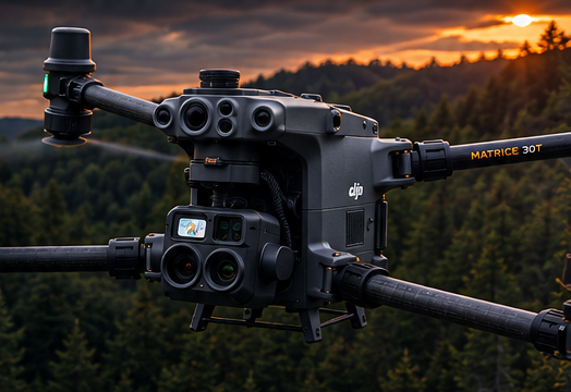 Matrice 30T drone over a wooded landscape